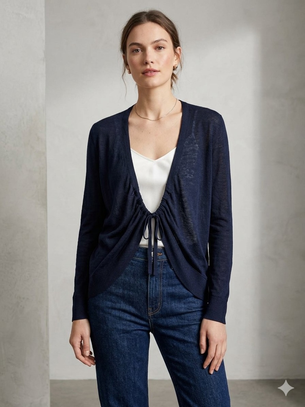 J.Crew Navy Blue Silk Rayon Blend Gsthered Tie Front Cardigan Sweater Sz Medium